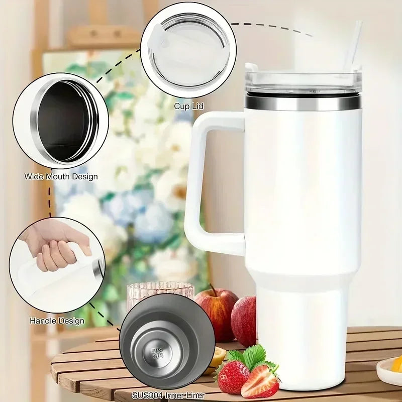 40oz 304 Stainless Steel Insulated Water Bottle,Thermal Coffee Car Cup, Cold Hot Mugs Vacuum Flask With Handle Straw,For Sport