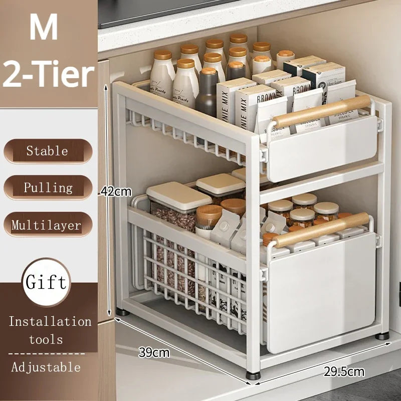 Kitchen Sink Storage Rack Sink Pull-Out Organizer Carbon Steel Bathroom Rack Layered Seasoning Storage Shelf Countertop Cabinet