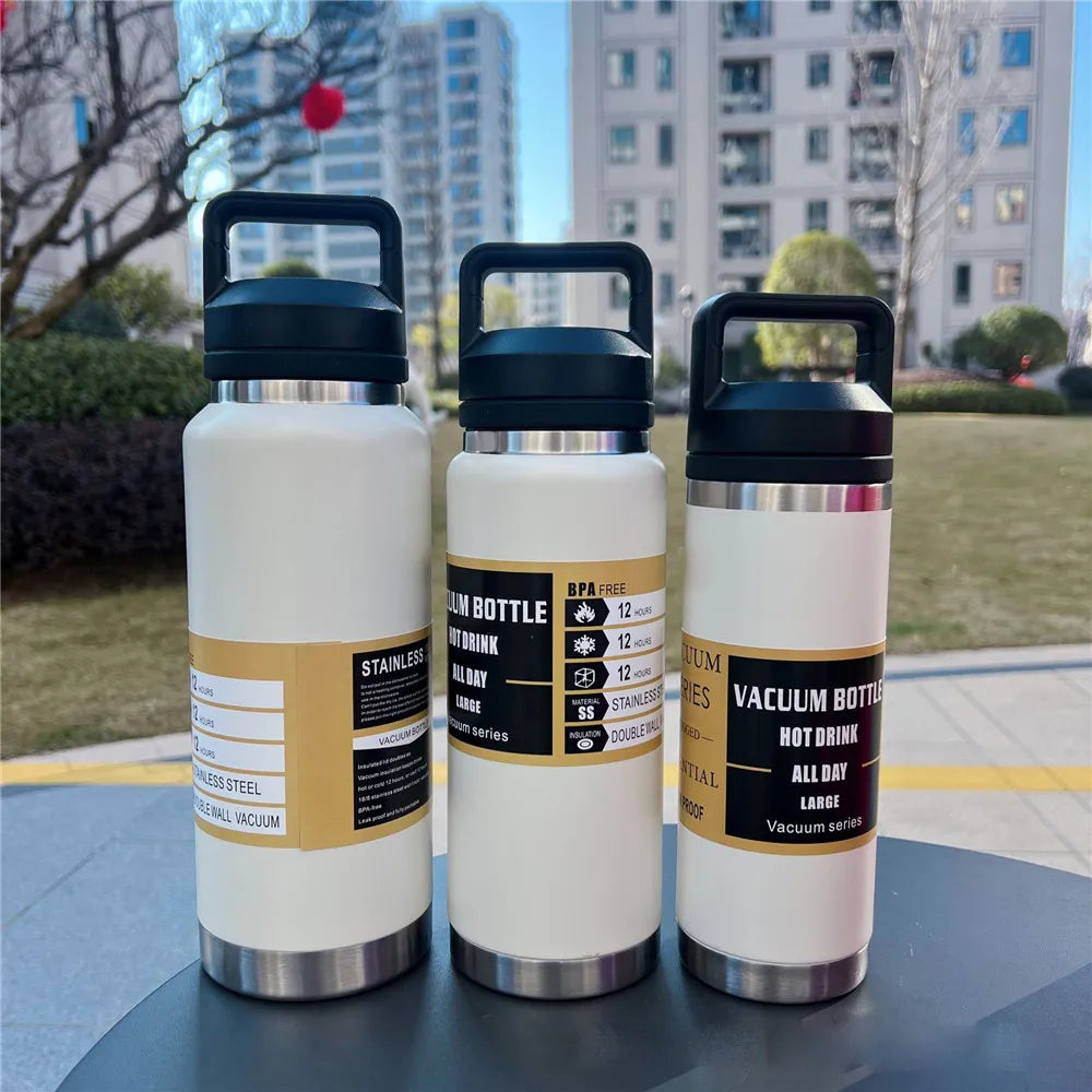 800ml 1100ml Wide Mouth Water Bottle Insulated Water Mugs Stainless Steel Handle Drinking Bottle Portable Leakproof Gym Fitness