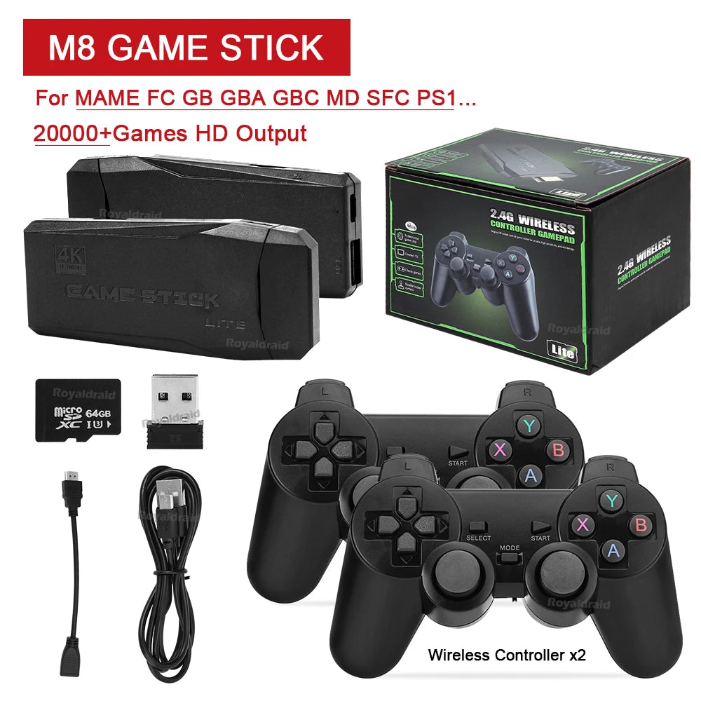 M8 4K Video Game Console 64G Built-in 20000 Games Retro Handheld Game Player 2 Wireless Controller Game Stick Children Xmas Gift