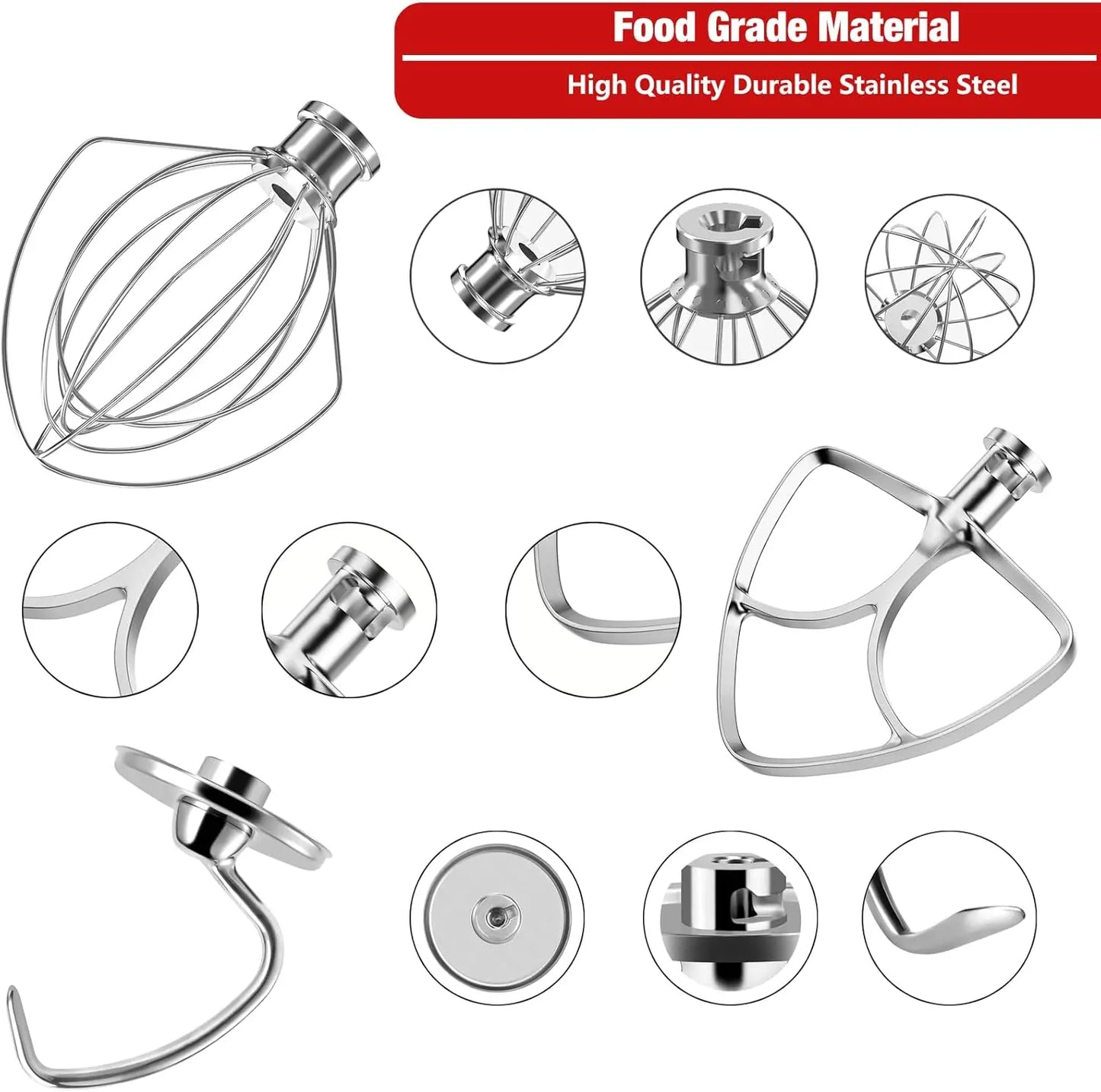 Stainless Steel Stand Mixer Attachments 3-Piece ( Flat Beater, Dough Hook,Whip Attachment) for KitchenAidand 4.5-5 Quart Bowl