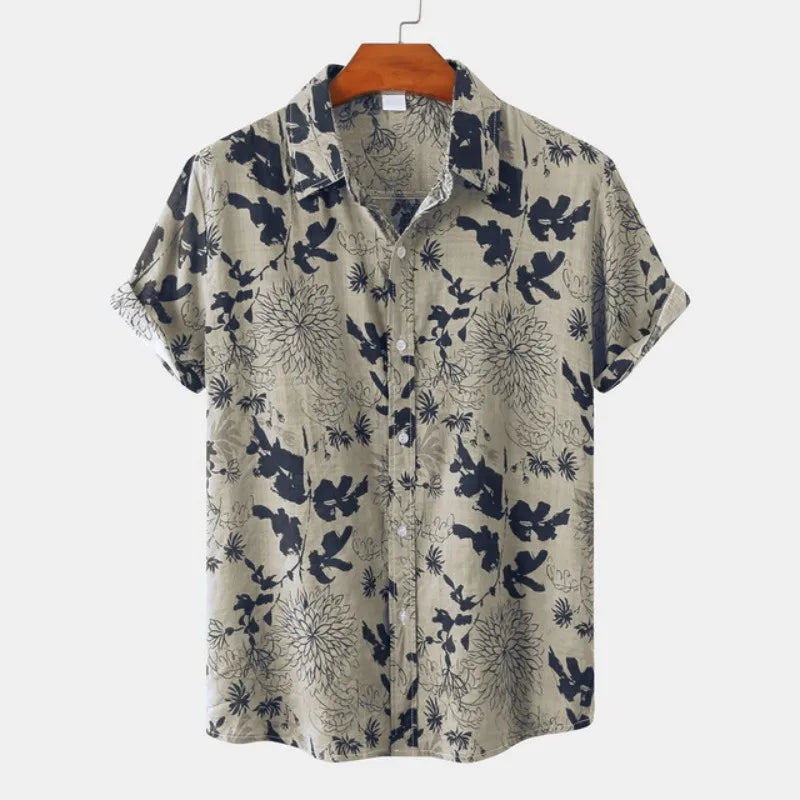 Ethnic Style men's Shirt Leisure Beach Breathable Button Shirts Outdoor Street Fashion Short Sleeved men's Lapel Hawaiian Tops