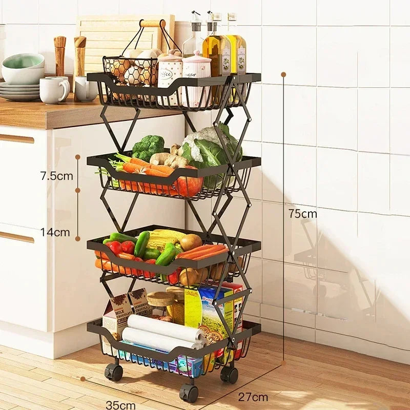 Kitchen Fruit Basket Crevice Vegetable Storage Carts Movable Floor-Mounted Shelf Folding Rack Multi-Layer Stackable Trolley Cart