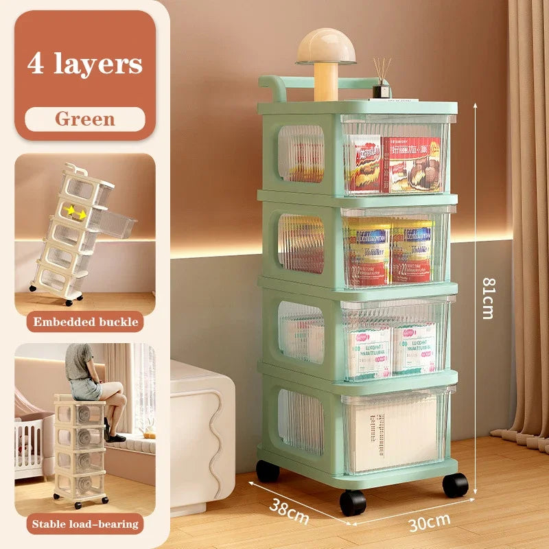 Kitchen Storage Cabinet Rack Transparent Multi-layer Small Cart Drawer Style Mobile Living Room Snack Sundries Shelf with Handle