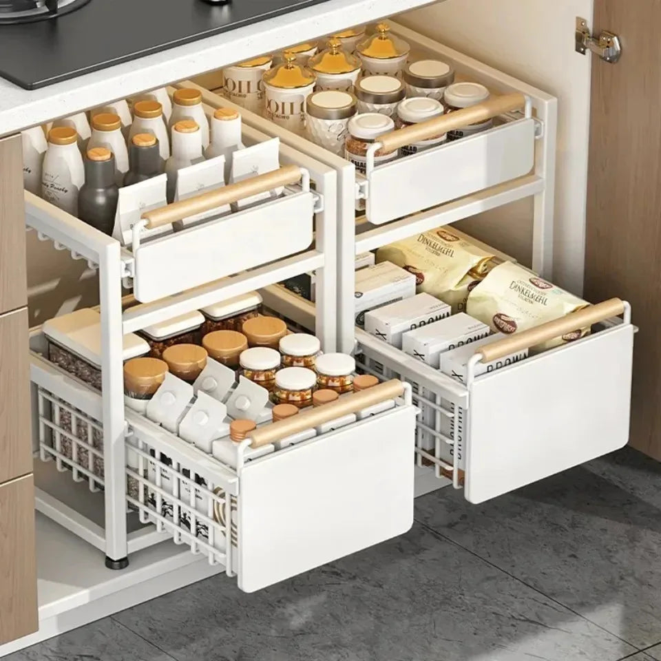 Kitchen Sink Storage Rack Sink Pull-Out Organizer Carbon Steel Bathroom Rack Layered Seasoning Storage Shelf Countertop Cabinet