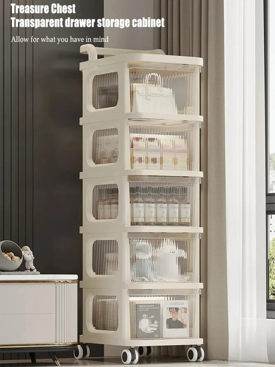 Kitchen Storage Cabinet Rack Transparent Multi-layer Small Cart Drawer Style Mobile Living Room Snack Sundries Shelf with Handle