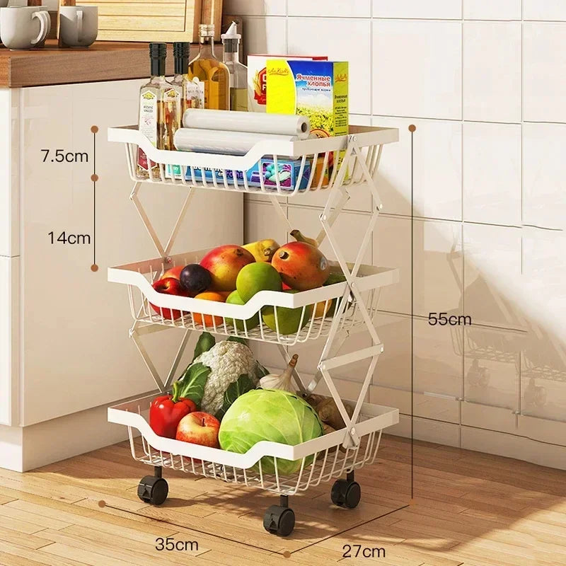 Kitchen Fruit Basket Crevice Vegetable Storage Carts Movable Floor-Mounted Shelf Folding Rack Multi-Layer Stackable Trolley Cart