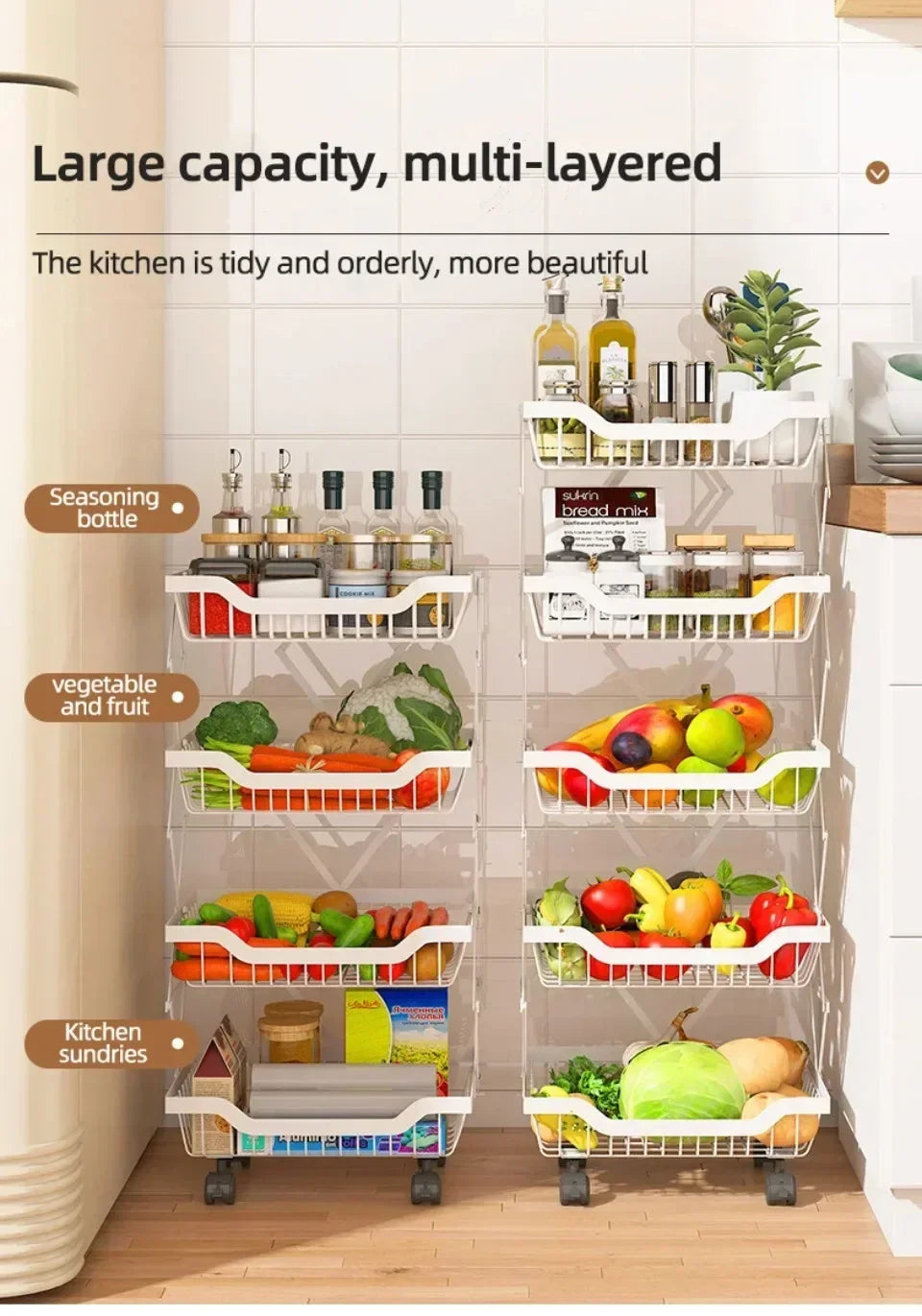 Kitchen Fruit Basket Crevice Vegetable Storage Carts Movable Floor-Mounted Shelf Folding Rack Multi-Layer Stackable Trolley Cart