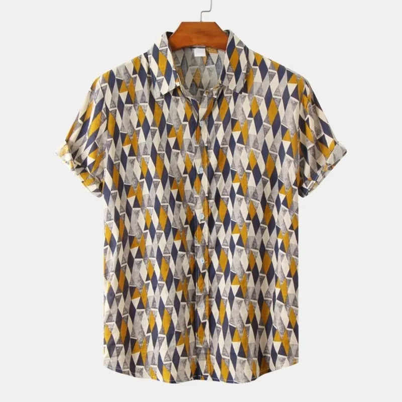 Ethnic Style men's Shirt Leisure Beach Breathable Button Shirts Outdoor Street Fashion Short Sleeved men's Lapel Hawaiian Tops