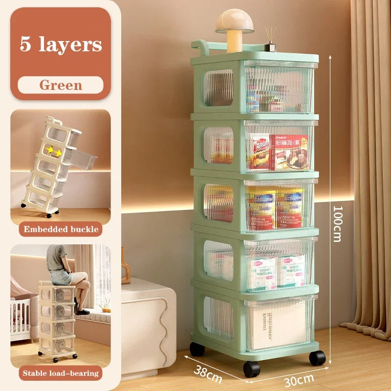 Kitchen Storage Cabinet Rack Transparent Multi-layer Small Cart Drawer Style Mobile Living Room Snack Sundries Shelf with Handle