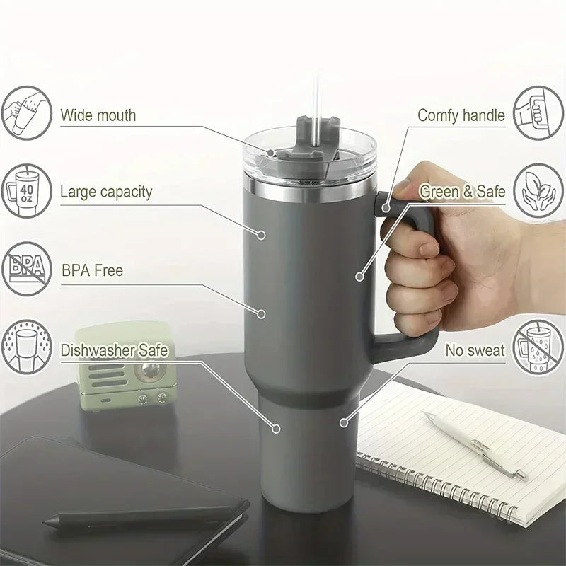 40oz 304 Stainless Steel Insulated Water Bottle,Thermal Coffee Car Cup, Cold Hot Mugs Vacuum Flask With Handle Straw,For Sport