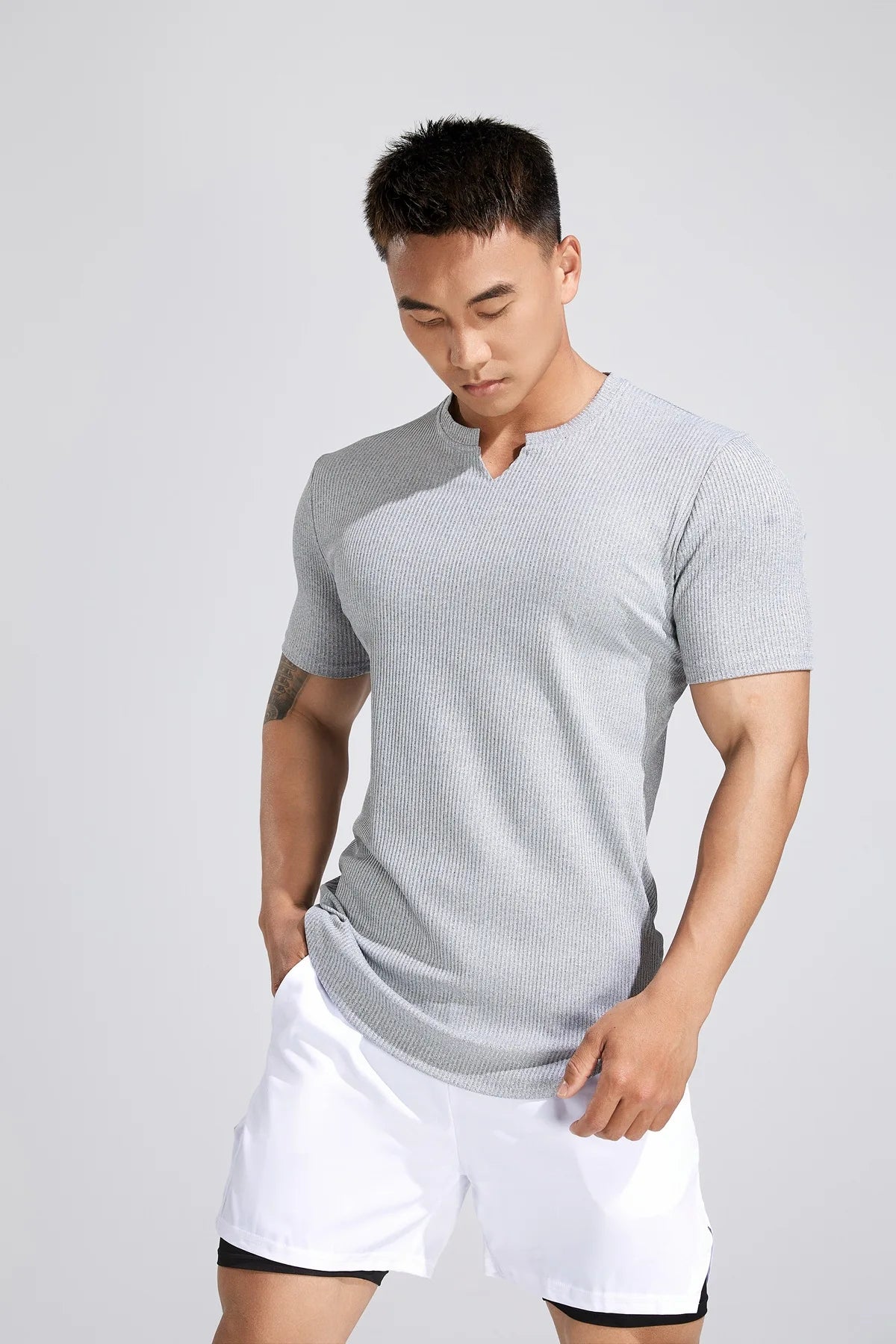 Sport Semi-tight Fitness Short Sleeve Men's Basketball Fall Running Training Solid Color Striped Stretch Sports T-shirt