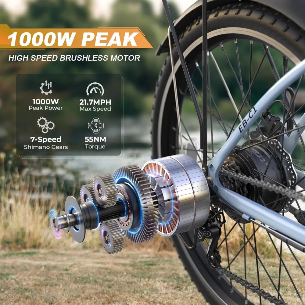 Electric Bike, 21.7MPH 50 Miles Commuter with Removable Li-ion Battery, Adjustable Stem, Rear Rack, Fenders, 7-Speed