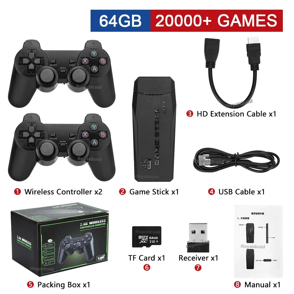 M8 4K Video Game Console 64G Built-in 20000 Games Retro Handheld Game Player 2 Wireless Controller Game Stick Children Xmas Gift