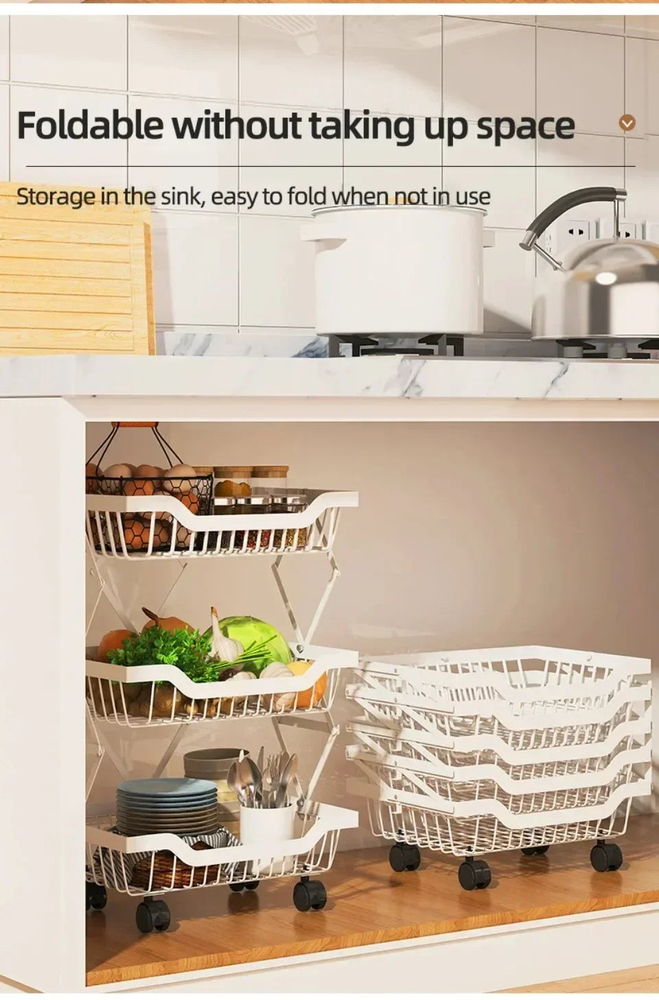 Kitchen Fruit Basket Crevice Vegetable Storage Carts Movable Floor-Mounted Shelf Folding Rack Multi-Layer Stackable Trolley Cart