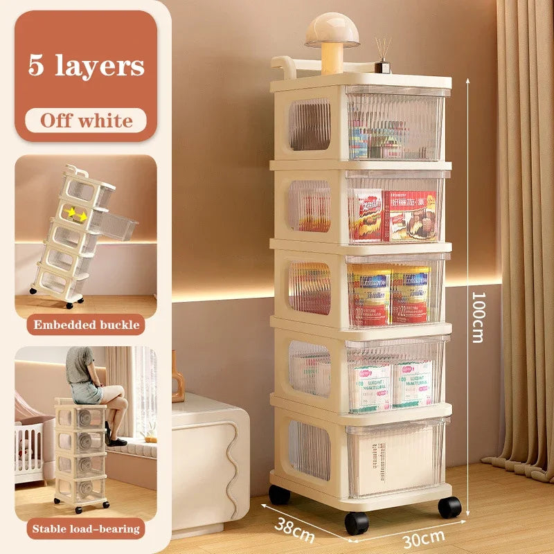 Kitchen Storage Cabinet Rack Transparent Multi-layer Small Cart Drawer Style Mobile Living Room Snack Sundries Shelf with Handle