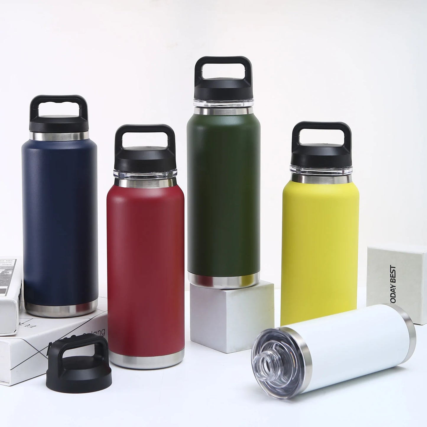 800ml 1100ml Wide Mouth Water Bottle Insulated Water Mugs Stainless Steel Handle Drinking Bottle Portable Leakproof Gym Fitness