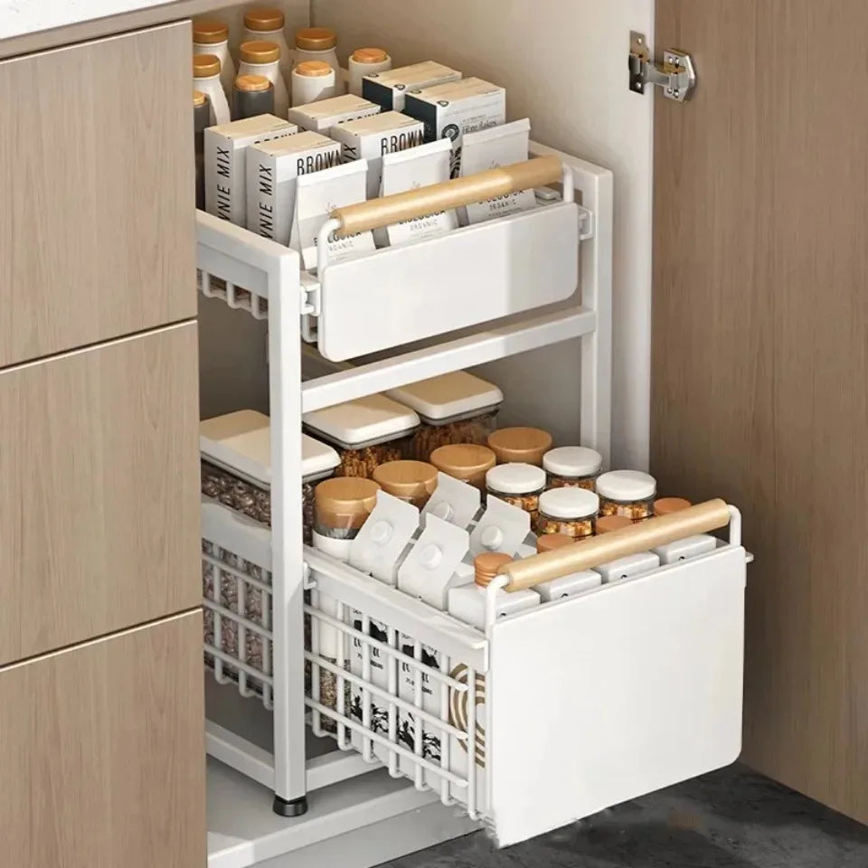 Kitchen Sink Storage Rack Sink Pull-Out Organizer Carbon Steel Bathroom Rack Layered Seasoning Storage Shelf Countertop Cabinet