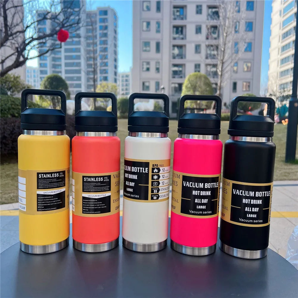 800ml 1100ml Wide Mouth Water Bottle Insulated Water Mugs Stainless Steel Handle Drinking Bottle Portable Leakproof Gym Fitness