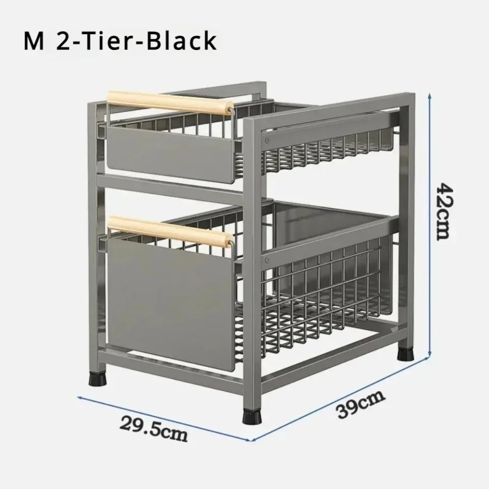 Kitchen Sink Storage Rack Sink Pull-Out Organizer Carbon Steel Bathroom Rack Layered Seasoning Storage Shelf Countertop Cabinet