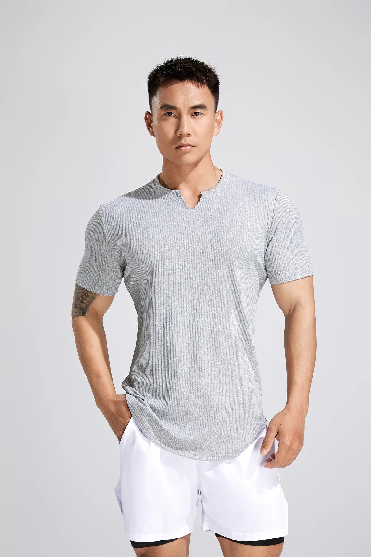 Sport Semi-tight Fitness Short Sleeve Men's Basketball Fall Running Training Solid Color Striped Stretch Sports T-shirt