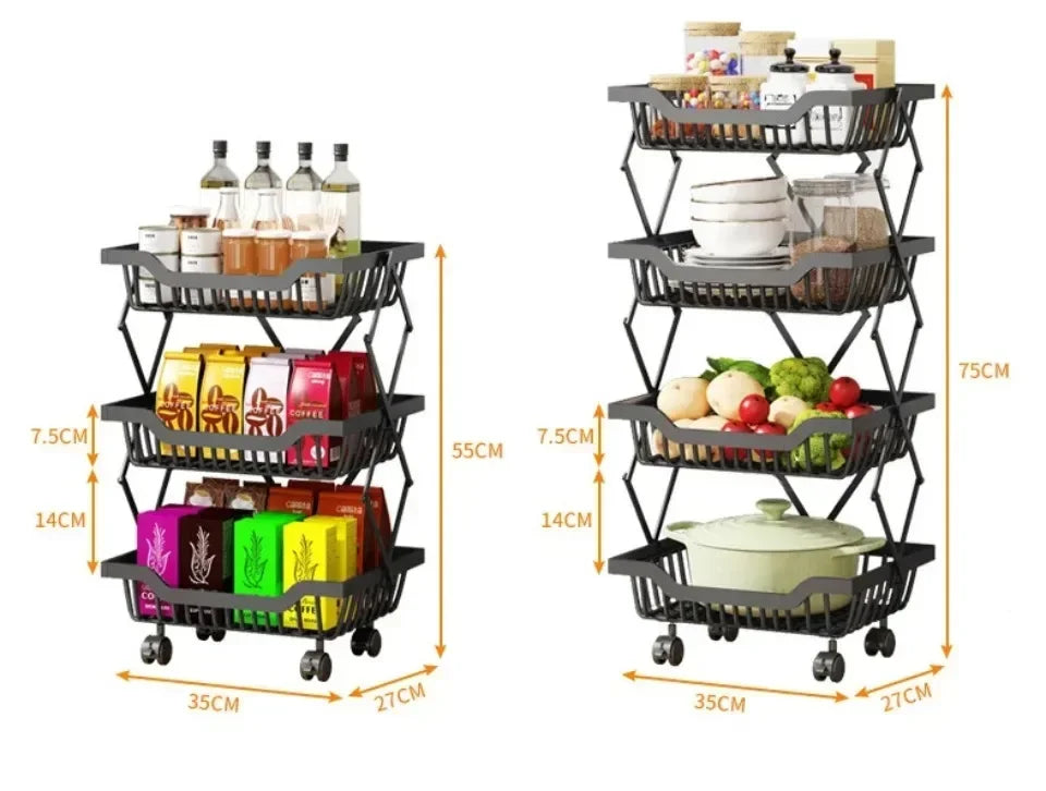 Kitchen Fruit Basket Crevice Vegetable Storage Carts Movable Floor-Mounted Shelf Folding Rack Multi-Layer Stackable Trolley Cart