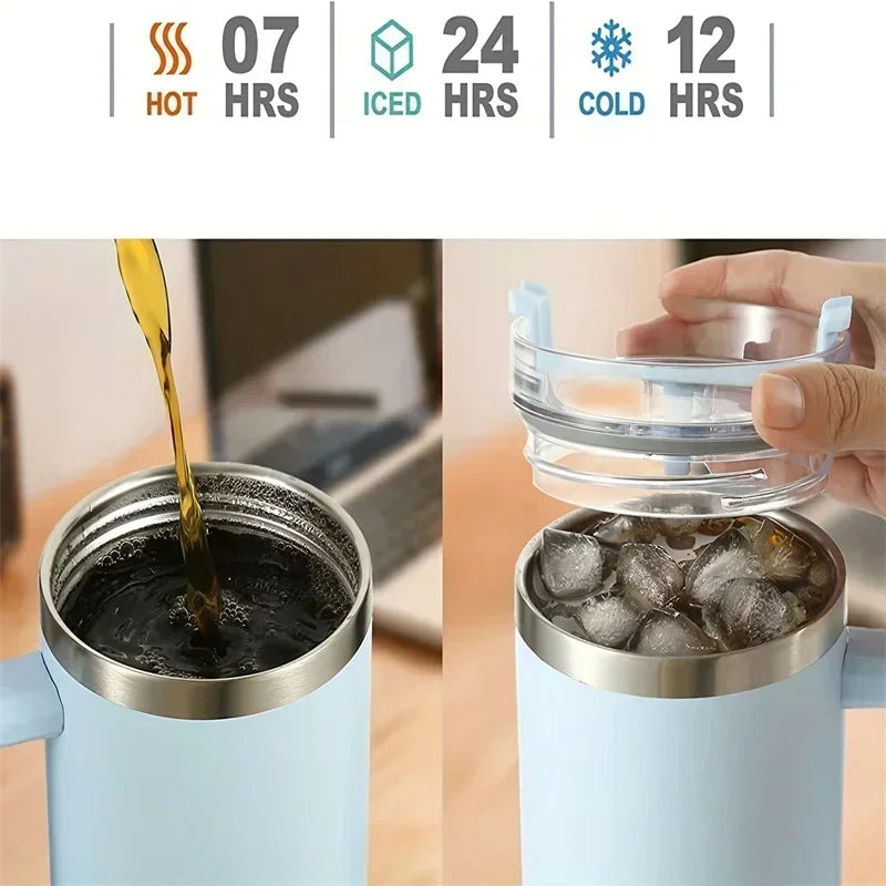 40oz 304 Stainless Steel Insulated Water Bottle,Thermal Coffee Car Cup, Cold Hot Mugs Vacuum Flask With Handle Straw,For Sport