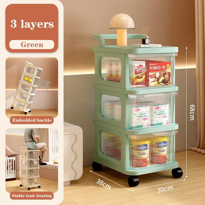 Kitchen Storage Cabinet Rack Transparent Multi-layer Small Cart Drawer Style Mobile Living Room Snack Sundries Shelf with Handle