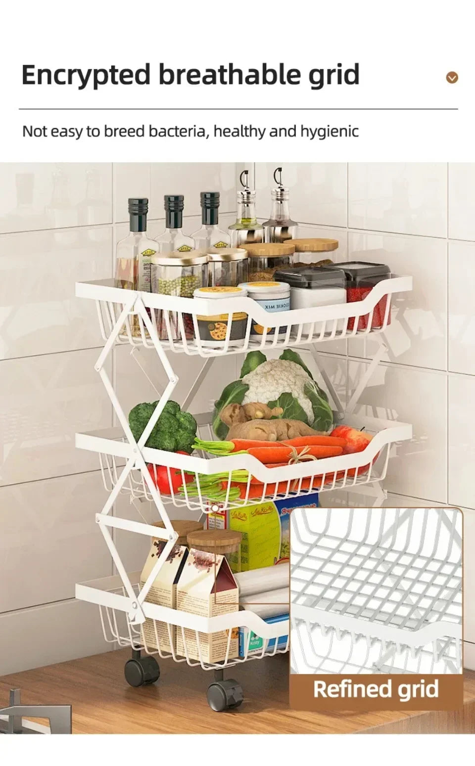 Kitchen Fruit Basket Crevice Vegetable Storage Carts Movable Floor-Mounted Shelf Folding Rack Multi-Layer Stackable Trolley Cart