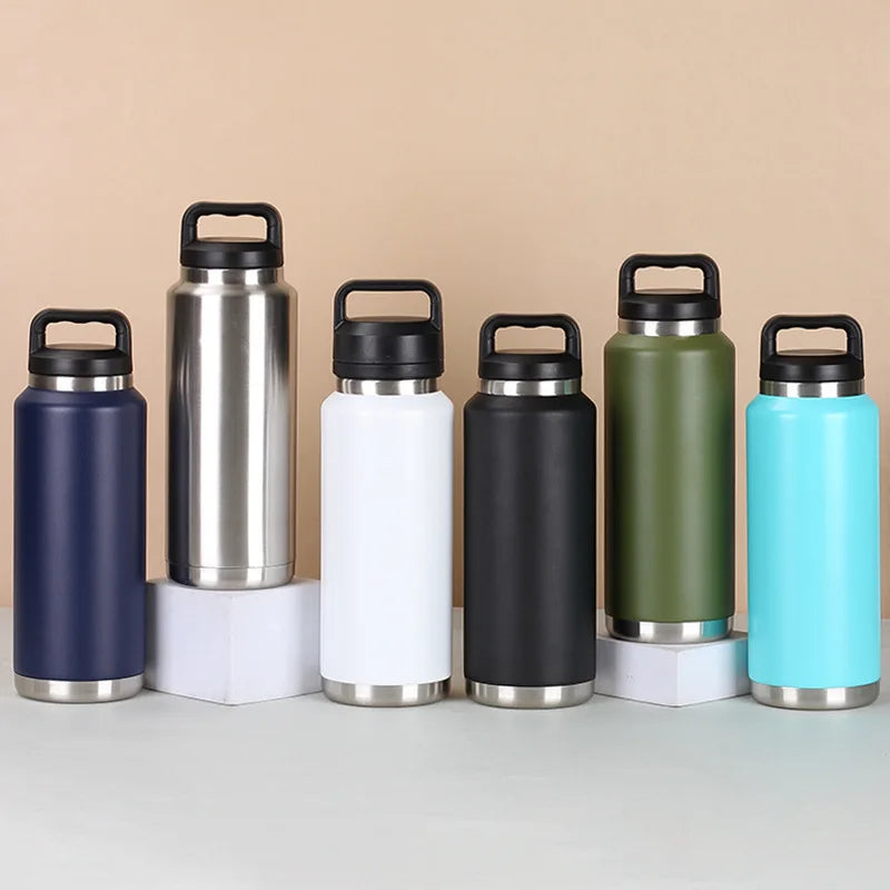 800ml 1100ml Wide Mouth Water Bottle Insulated Water Mugs Stainless Steel Handle Drinking Bottle Portable Leakproof Gym Fitness