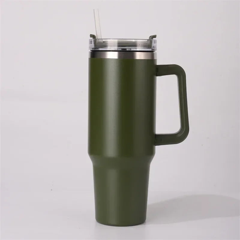 40oz 304 Stainless Steel Insulated Water Bottle,Thermal Coffee Car Cup, Cold Hot Mugs Vacuum Flask With Handle Straw,For Sport