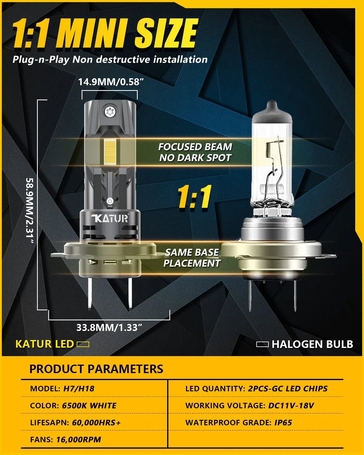 Katur 2x Canbus H7 LED Bulb 22000LM 120W Error Free 1:1 Mini Size Head Lamp Wireless Super Bright 6000K White H7 Headlight