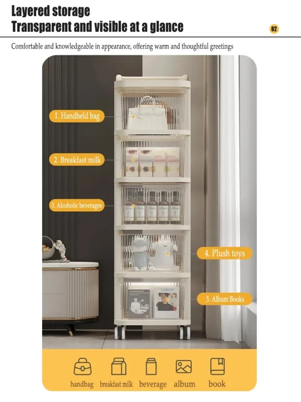 Kitchen Storage Cabinet Rack Transparent Multi-layer Small Cart Drawer Style Mobile Living Room Snack Sundries Shelf with Handle