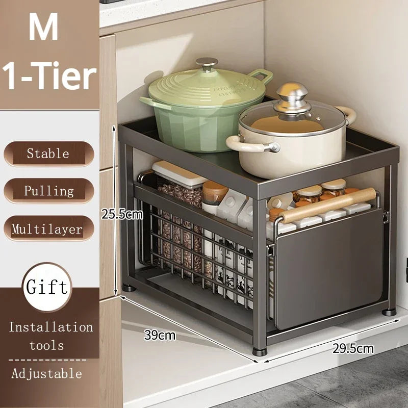 Kitchen Sink Storage Rack Sink Pull-Out Organizer Carbon Steel Bathroom Rack Layered Seasoning Storage Shelf Countertop Cabinet