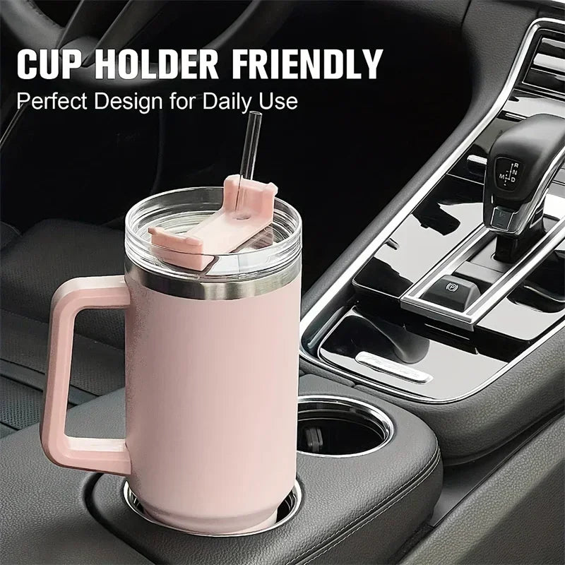 40oz 304 Stainless Steel Insulated Water Bottle,Thermal Coffee Car Cup, Cold Hot Mugs Vacuum Flask With Handle Straw,For Sport