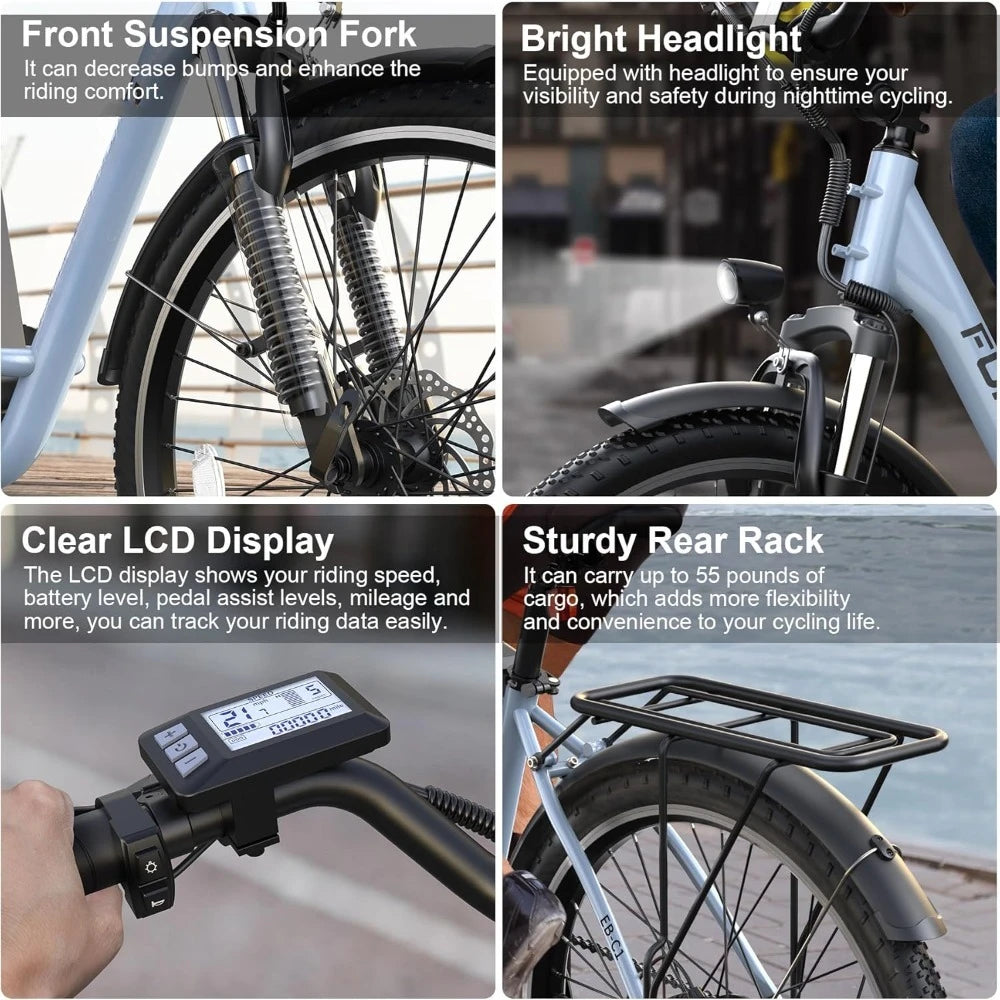 Electric Bike, 21.7MPH 50 Miles Commuter with Removable Li-ion Battery, Adjustable Stem, Rear Rack, Fenders, 7-Speed