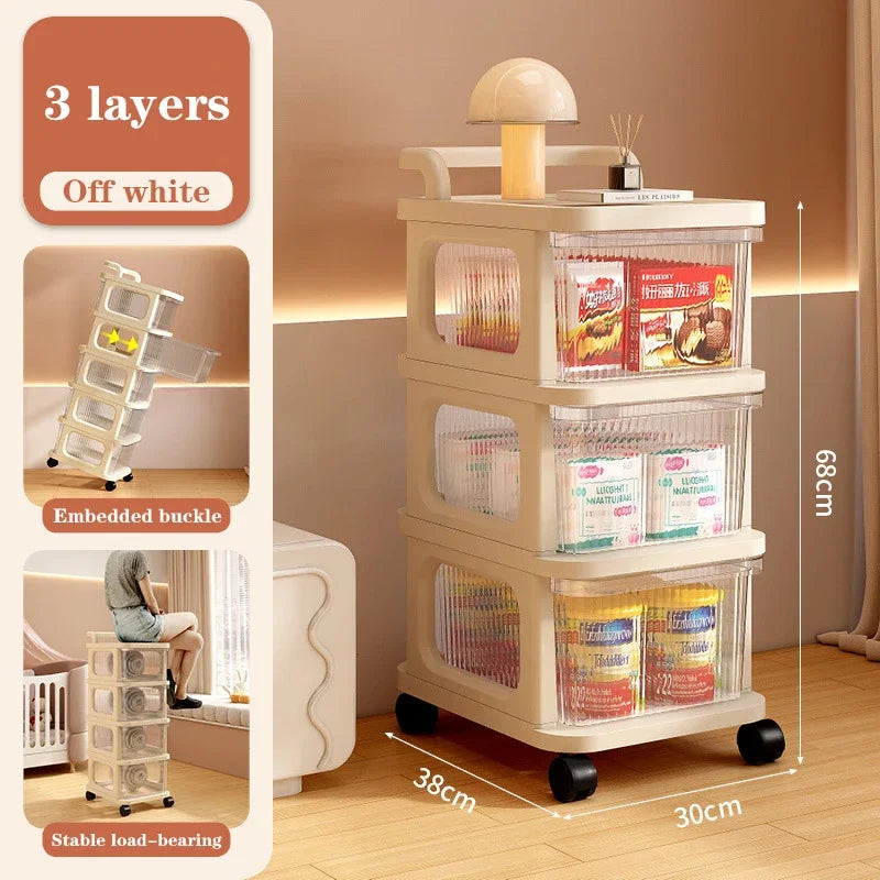 Kitchen Storage Cabinet Rack Transparent Multi-layer Small Cart Drawer Style Mobile Living Room Snack Sundries Shelf with Handle