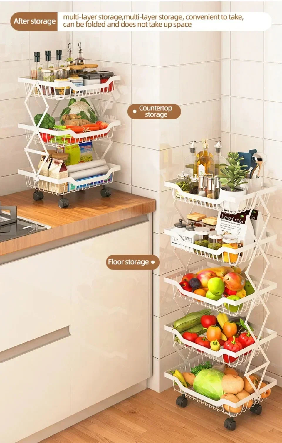 Kitchen Fruit Basket Crevice Vegetable Storage Carts Movable Floor-Mounted Shelf Folding Rack Multi-Layer Stackable Trolley Cart