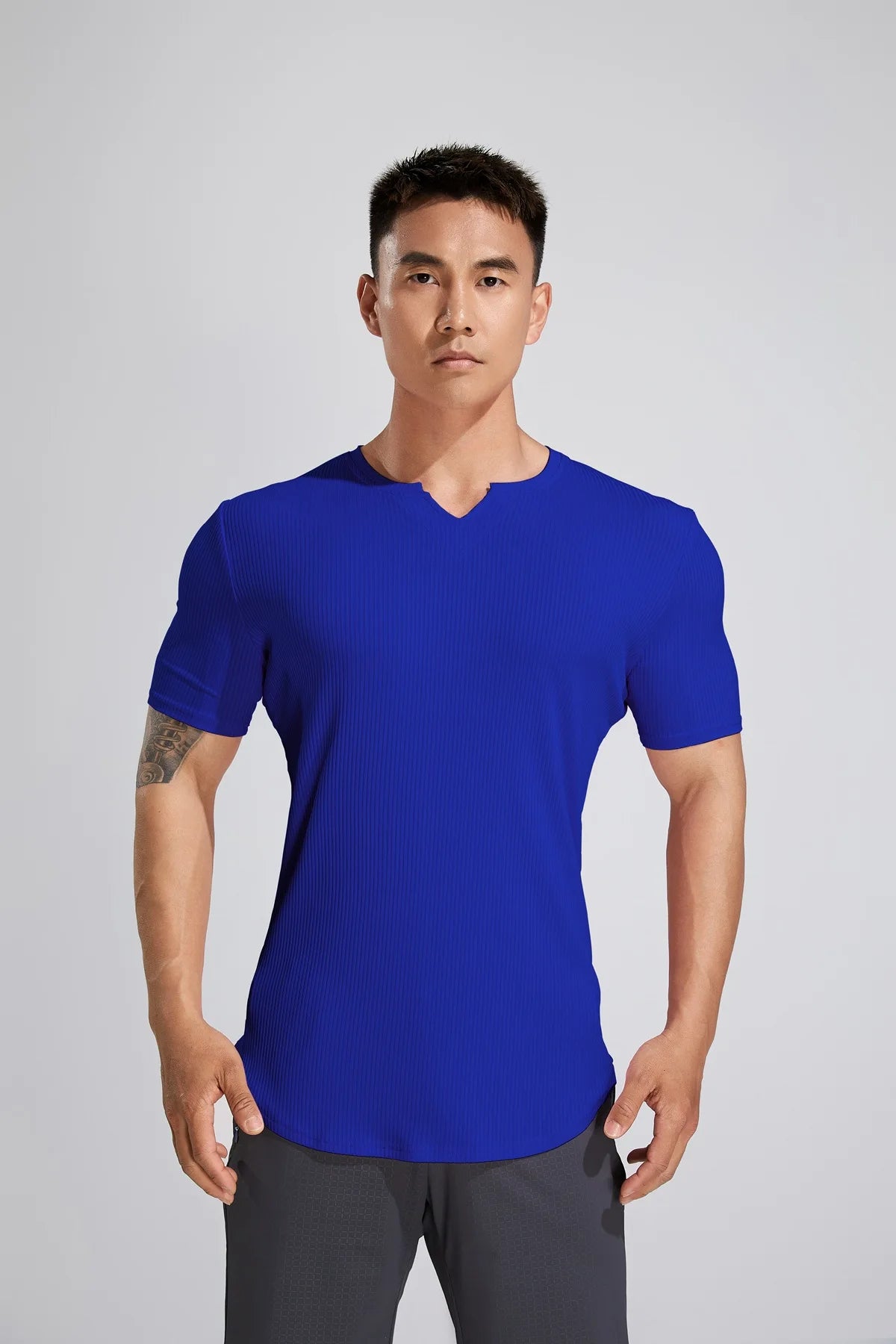 Sport Semi-tight Fitness Short Sleeve Men's Basketball Fall Running Training Solid Color Striped Stretch Sports T-shirt