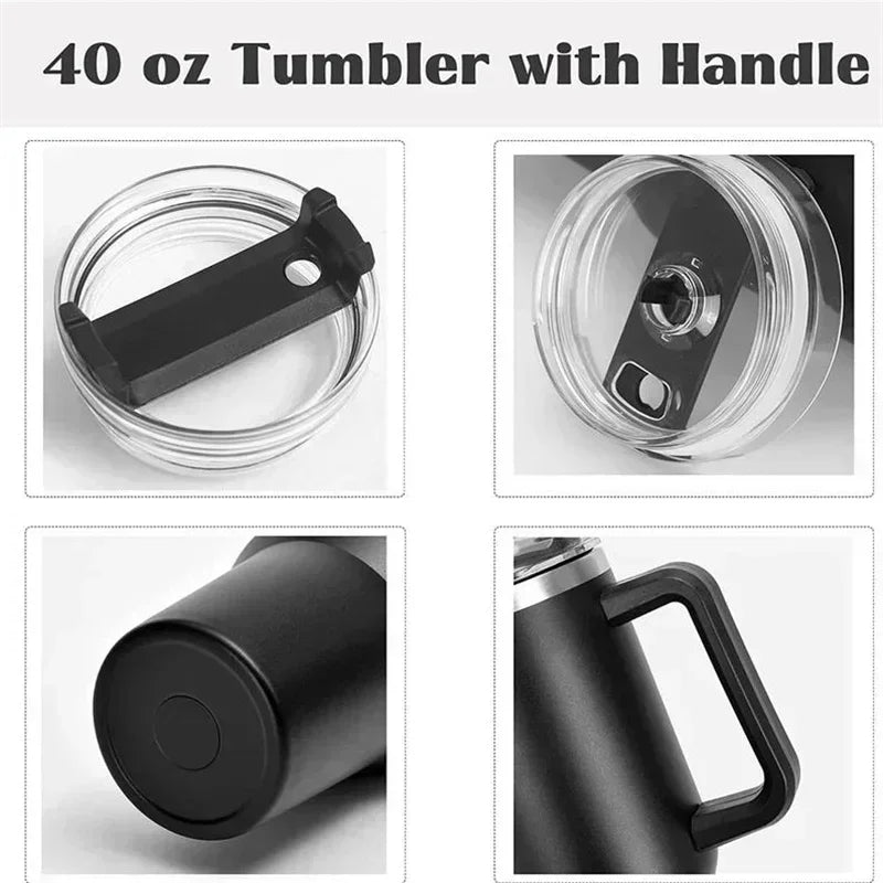 40oz 304 Stainless Steel Insulated Water Bottle,Thermal Coffee Car Cup, Cold Hot Mugs Vacuum Flask With Handle Straw,For Sport