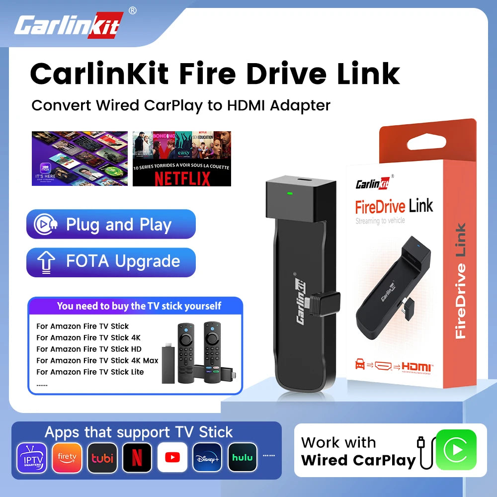 Carlinkit Supports Fire TV Stick Converter TV Streaming Box HDMI Wireless CarPlay TV Adapter for Fire TV Stick HD 4K Max Lite