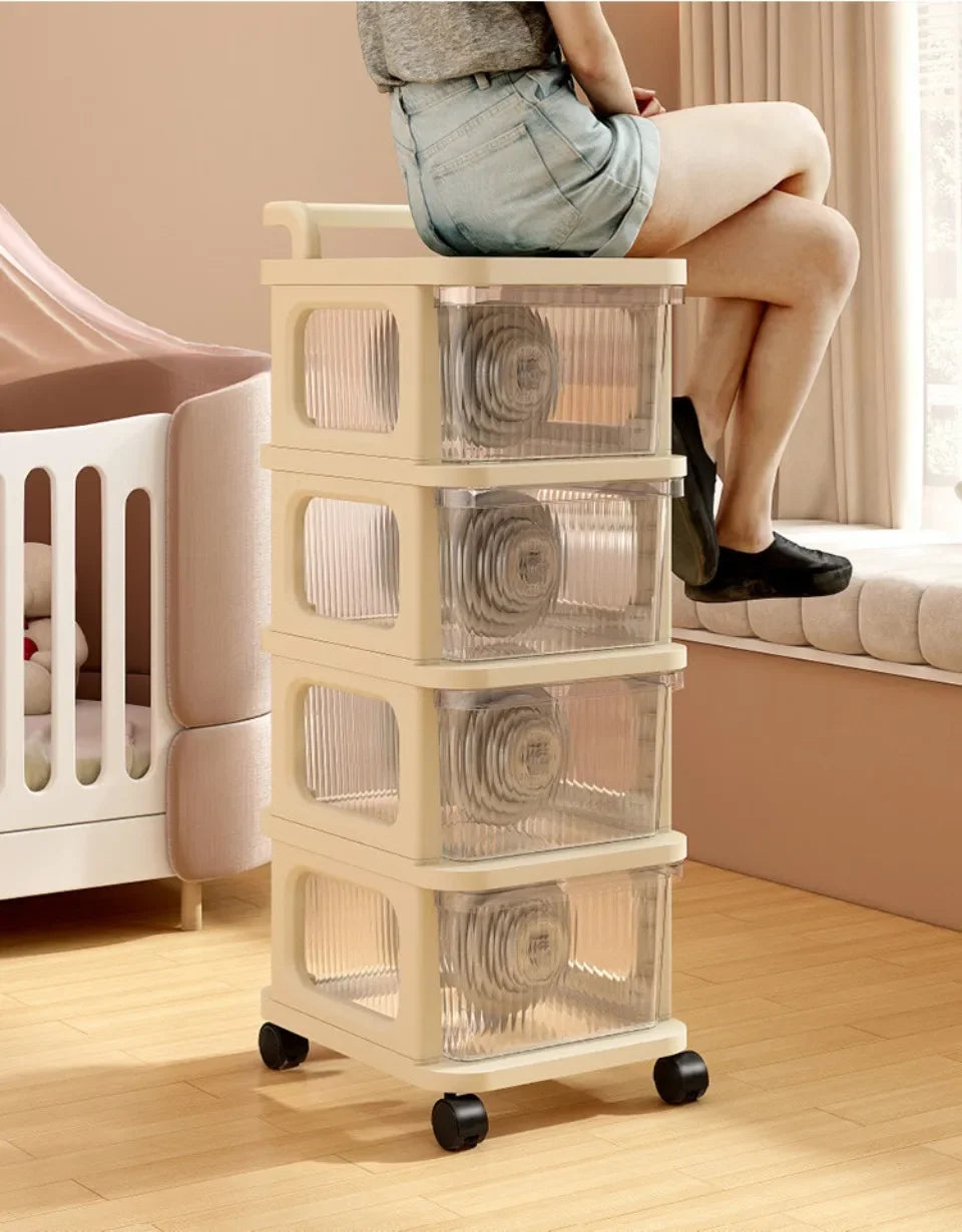 Kitchen Storage Cabinet Rack Transparent Multi-layer Small Cart Drawer Style Mobile Living Room Snack Sundries Shelf with Handle