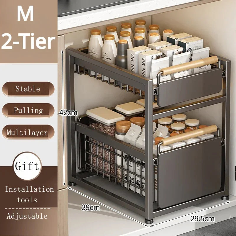 Kitchen Sink Storage Rack Sink Pull-Out Organizer Carbon Steel Bathroom Rack Layered Seasoning Storage Shelf Countertop Cabinet