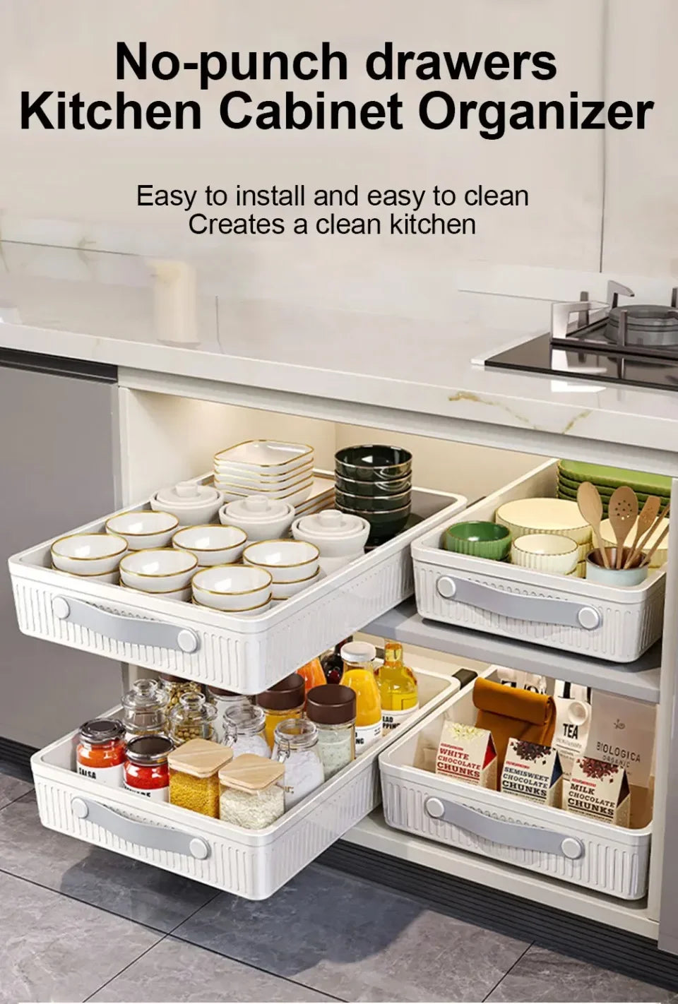 Kitchen Drawer Storage Rack with Slide Rails Pull-out Cabinet Organizer Tray Spice Seasoning Bottle Simple Moisture-Proof Rack