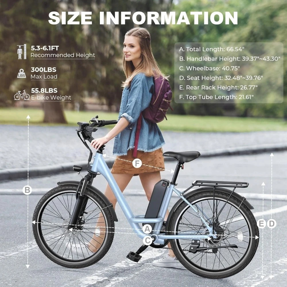 Electric Bike, 21.7MPH 50 Miles Commuter with Removable Li-ion Battery, Adjustable Stem, Rear Rack, Fenders, 7-Speed
