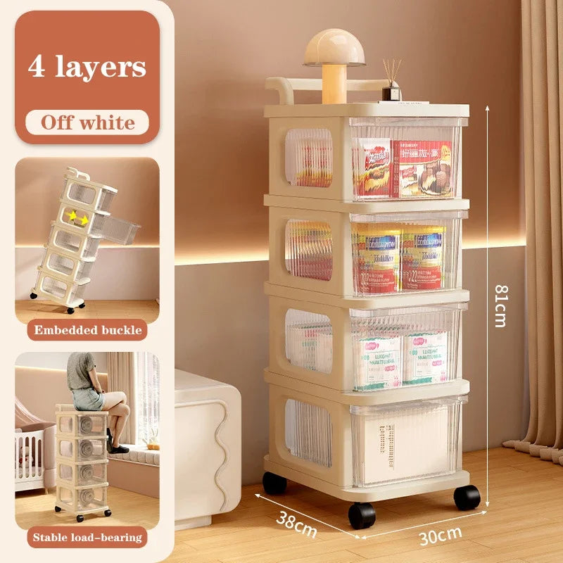 Kitchen Storage Cabinet Rack Transparent Multi-layer Small Cart Drawer Style Mobile Living Room Snack Sundries Shelf with Handle