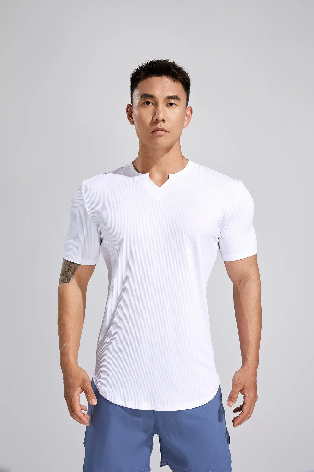 Sport Semi-tight Fitness Short Sleeve Men's Basketball Fall Running Training Solid Color Striped Stretch Sports T-shirt
