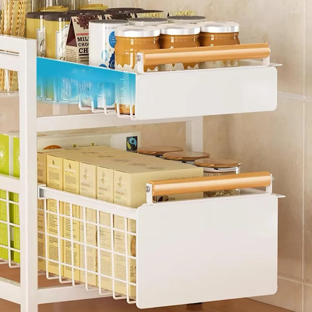 Kitchen Sink Storage Rack Sink Pull-Out Organizer Carbon Steel Bathroom Rack Layered Seasoning Storage Shelf Countertop Cabinet