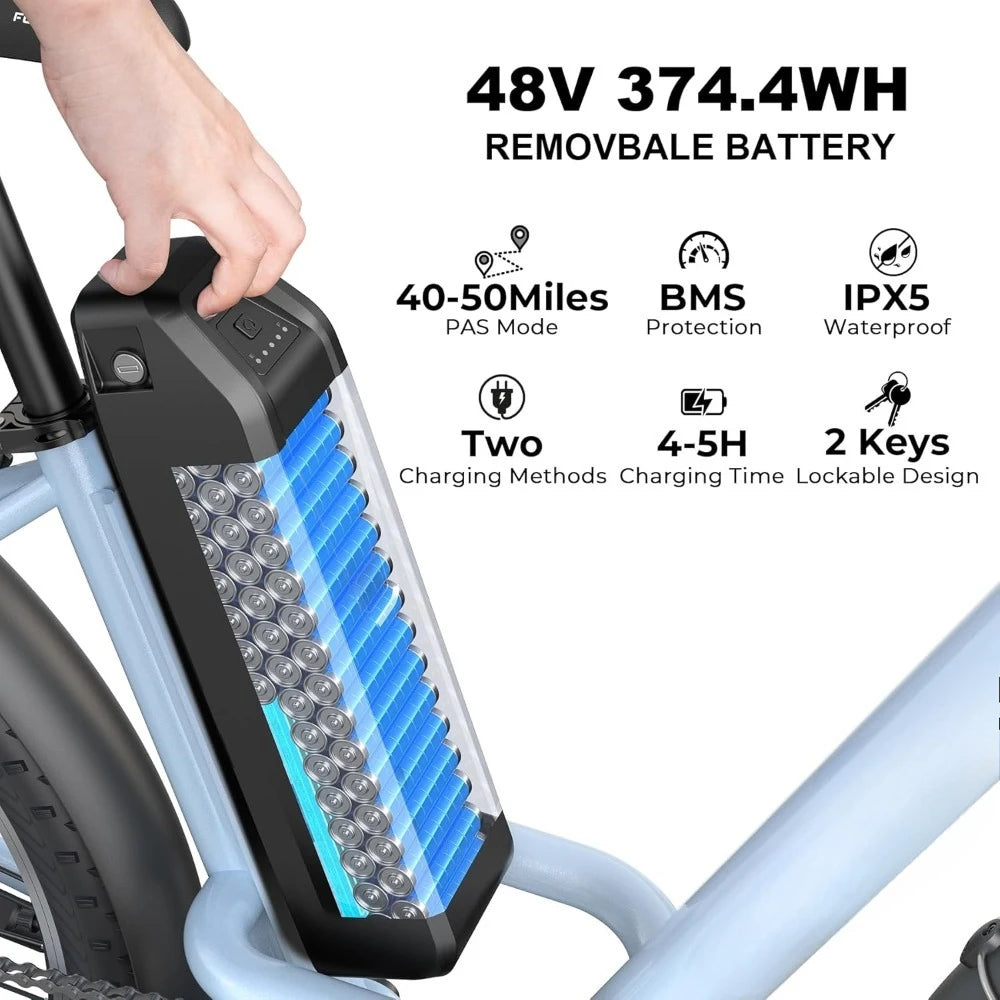 Electric Bike, 21.7MPH 50 Miles Commuter with Removable Li-ion Battery, Adjustable Stem, Rear Rack, Fenders, 7-Speed