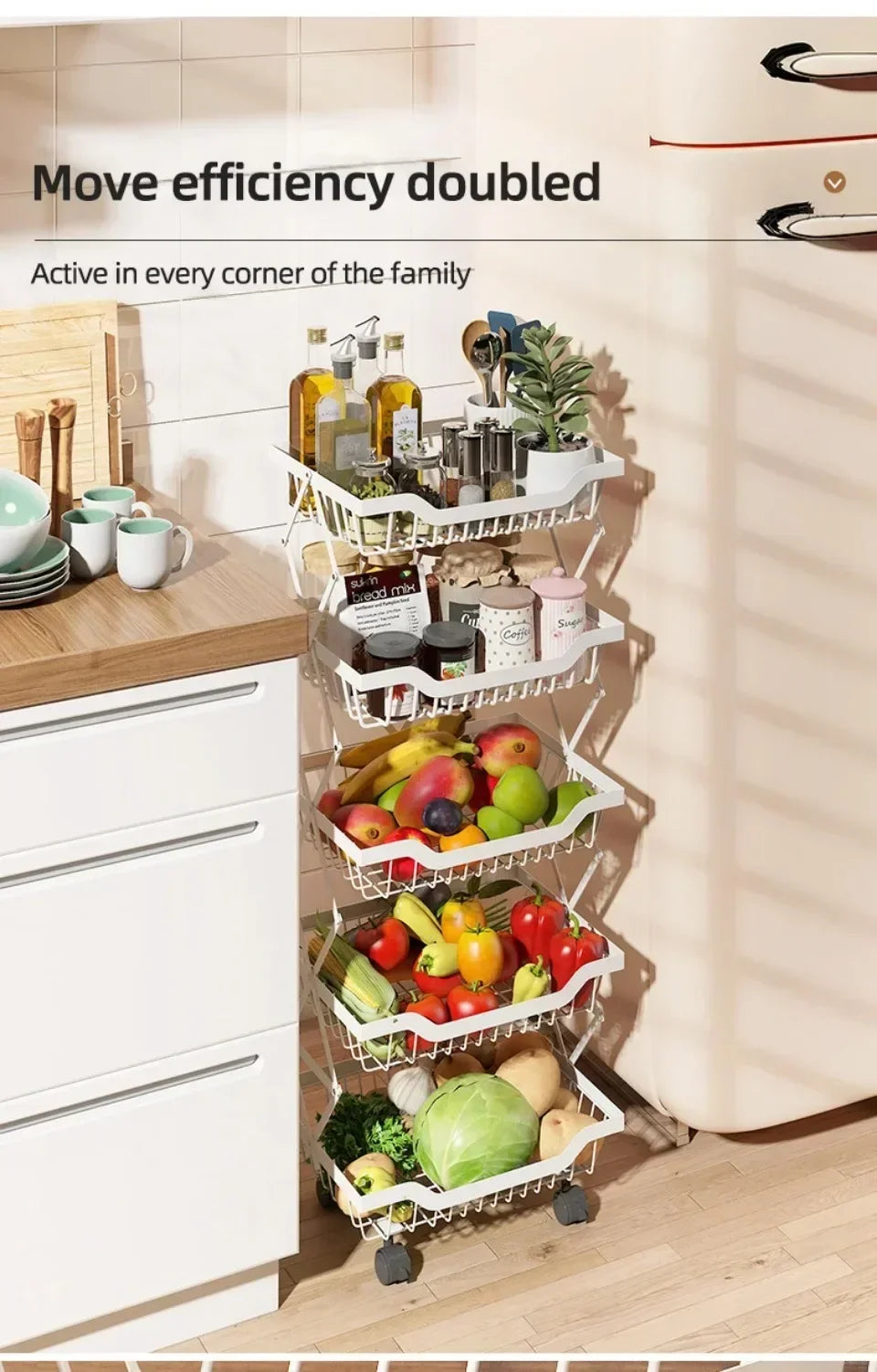Kitchen Fruit Basket Crevice Vegetable Storage Carts Movable Floor-Mounted Shelf Folding Rack Multi-Layer Stackable Trolley Cart